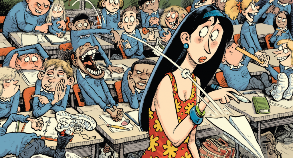 A cartoon image of an unruly classroom. Children are throwing things and behaving wildly as a female teacher looks concerned.