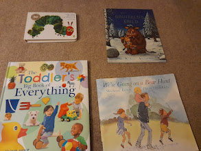 A selection of children's books: The Toddler's Big Book of Everything, The Very Hungry Caterpillar, The Gruffalo's Child and We're Going On a Bear Hunt.