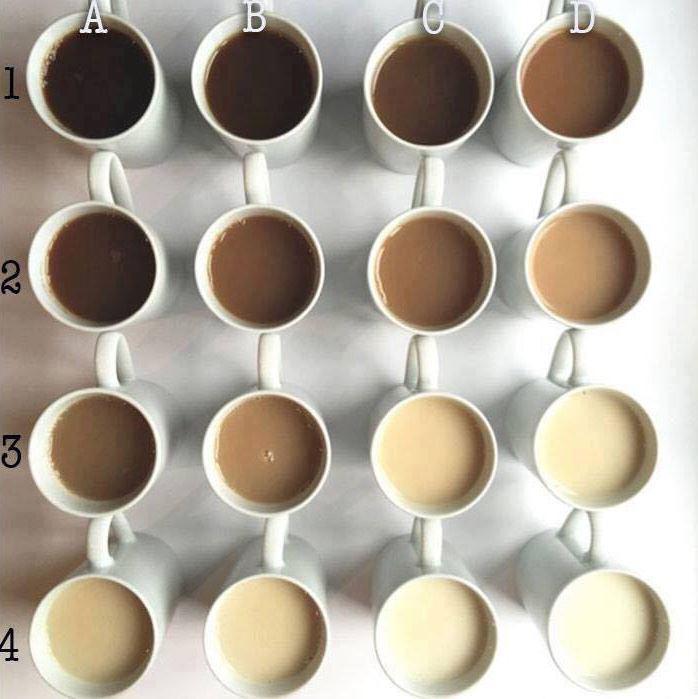 several cups of tea arranged in order of darkest to lightest