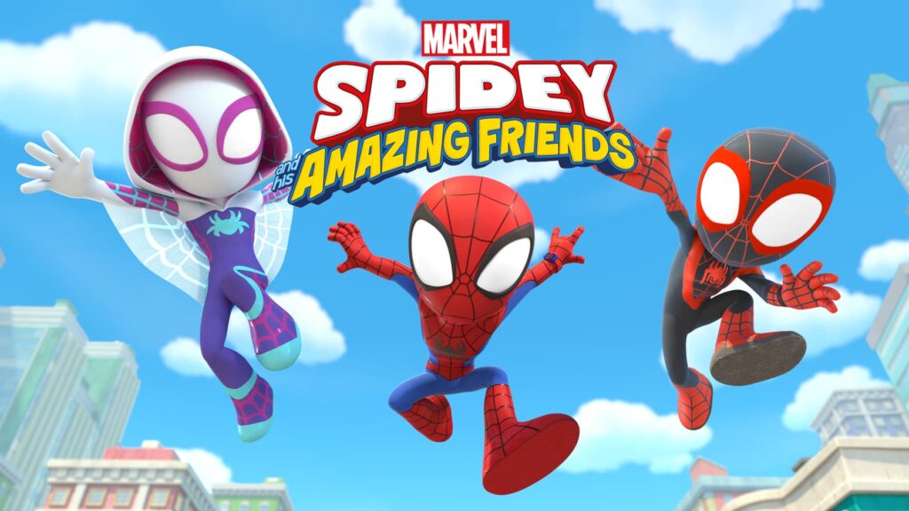 The three main characters from Spidey and His Amazing Friends leaping through the air. 